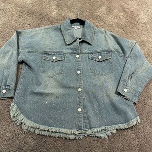Sparkle denim jacket/Shacket! Frayed bottom! Tons of sparkle all over. Size S